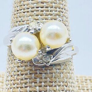 Vintage Faux Pearl Rhinestone Ring Silver Tone Double Cluster Marked 18KGE Bride